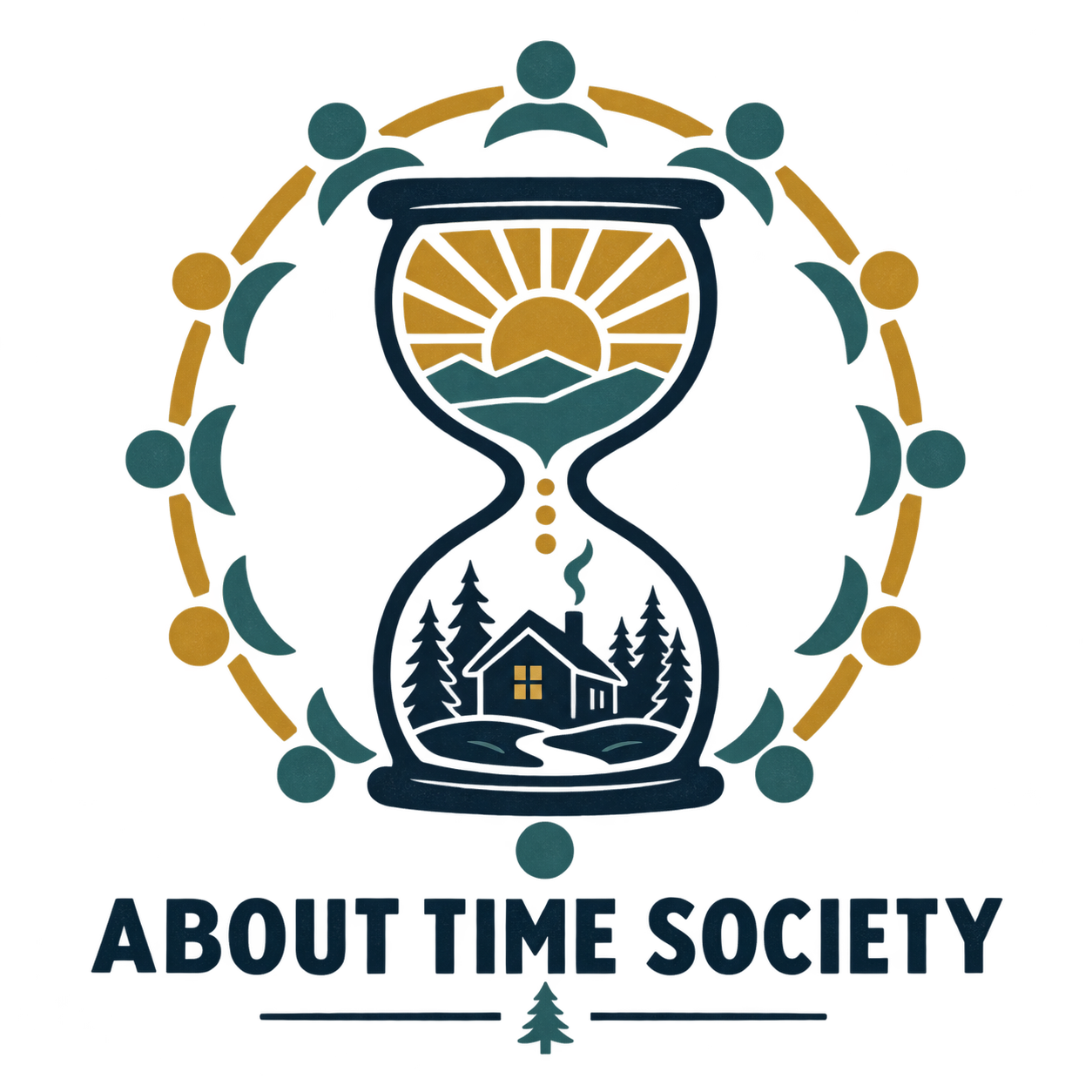 About Time Society logo: an hourglass surrounded by people, with a sun, mountains, and a home